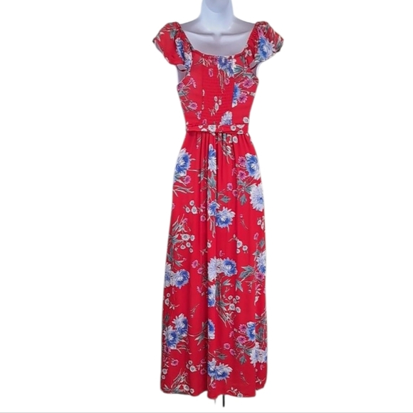 Band of Gypsies Red Wrap Tie Front Maxi Dress Floral Print Size Small - Picture 3 of 8